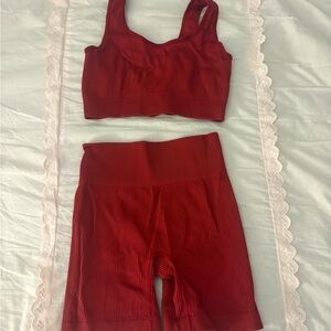 Women's Red Ribbed Workout Set